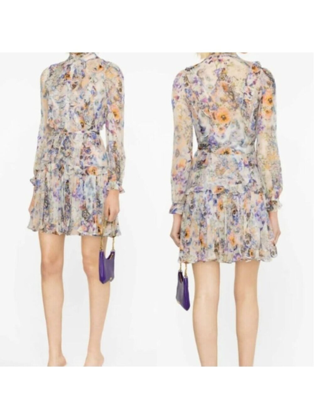 NEW Zimmermann Tama Ruffled Details Floral Print Mini Dress Purple Size: 2